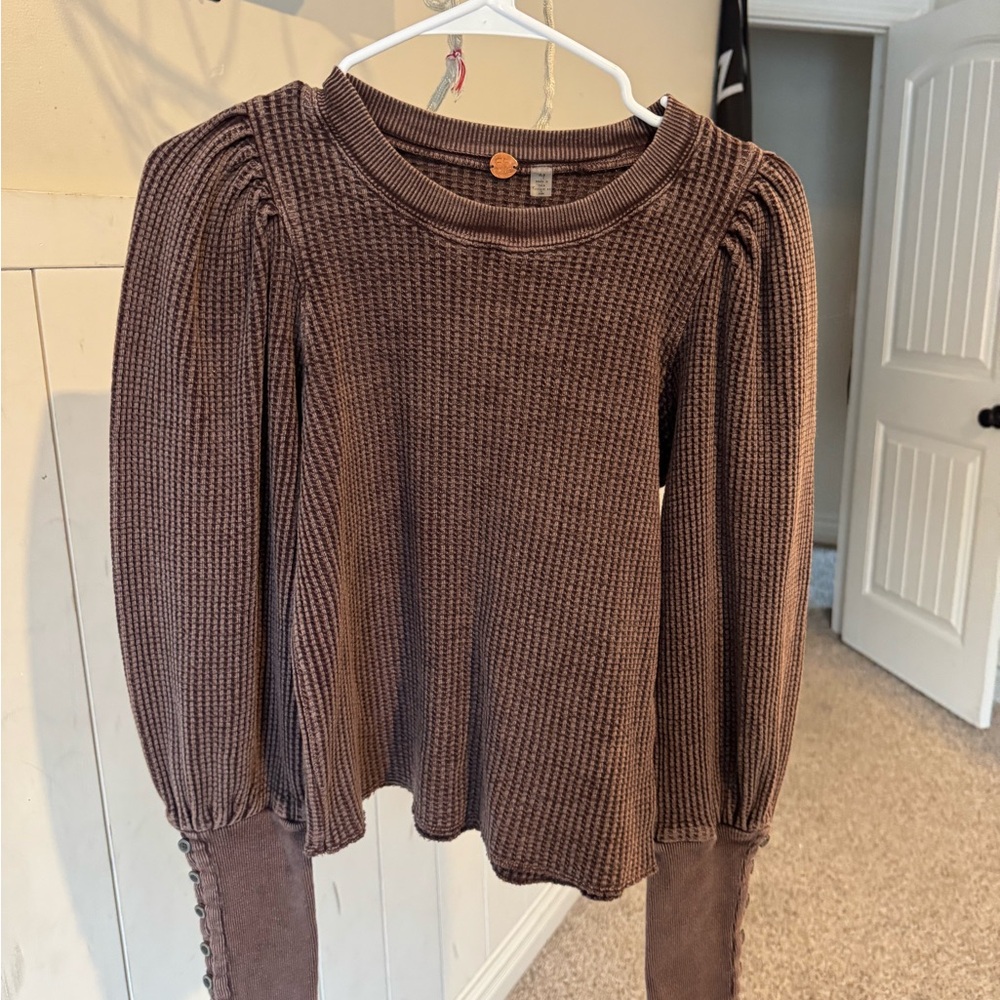 Free People Brown Waffle Long Sleeve Top